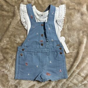 Tahari girl Light Blue Embroidered Denim Overall Shorts